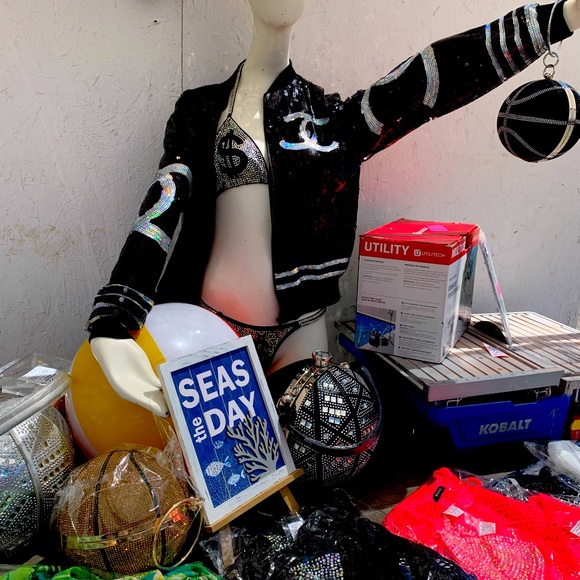 studded bikinis with dollar signs Other - Studded silver and black bikini, Chanel sequence jacket, basketball purse